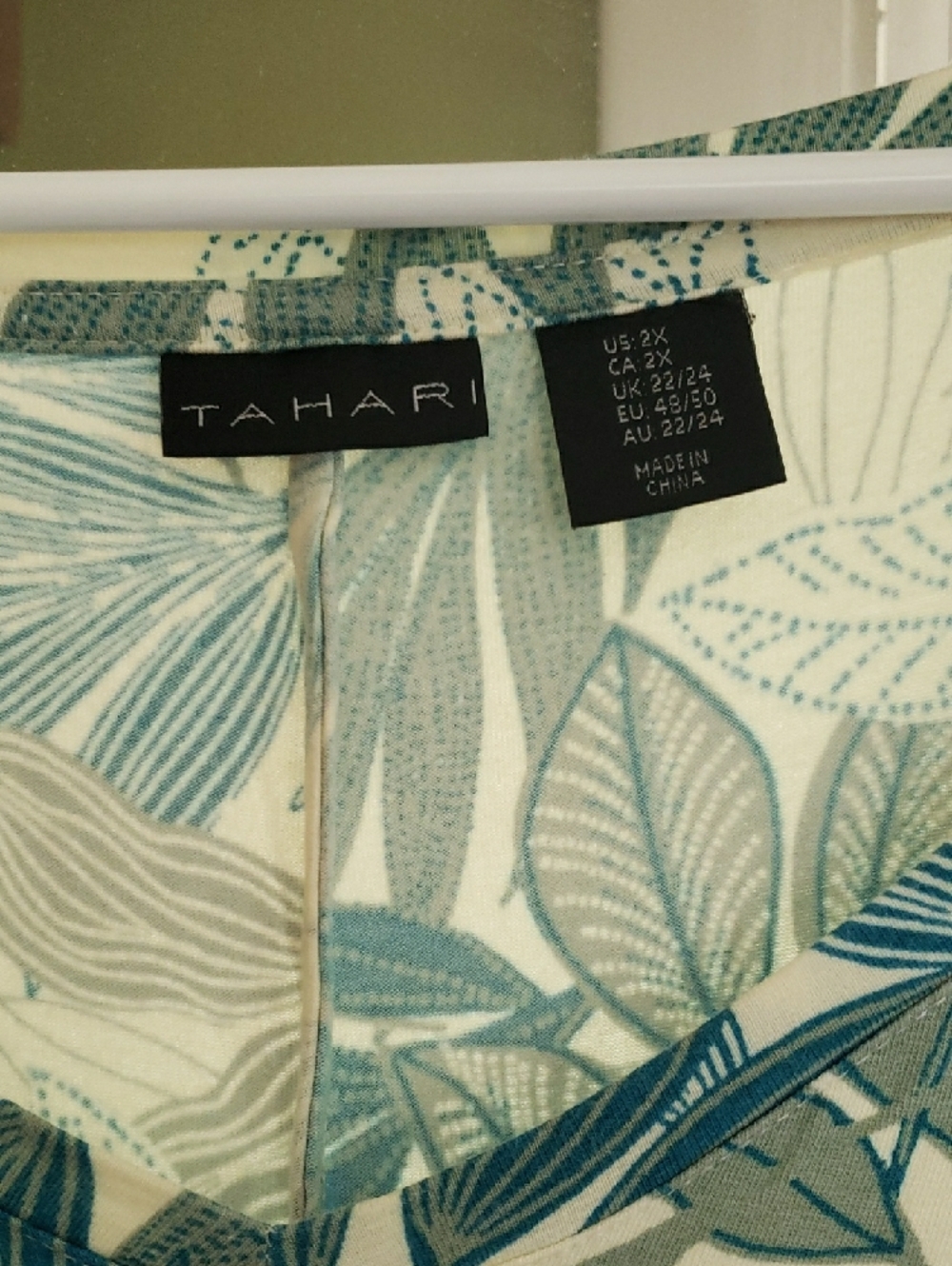 Tahari Cream and Teal Leaf-Print Mini Dress - Picture 2 of 6